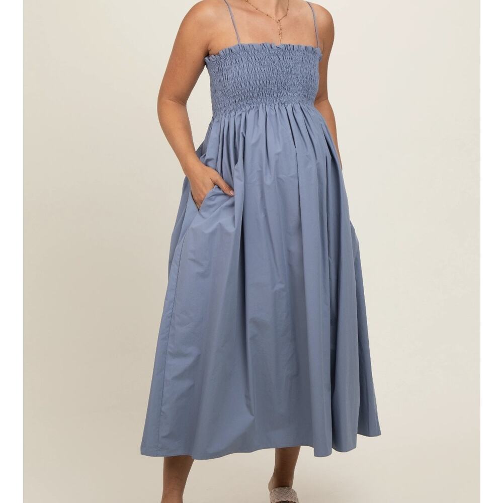 Klesis Smocked Midi Dress Womens Medium Blue Pockets Shirred Smocked Square Neck